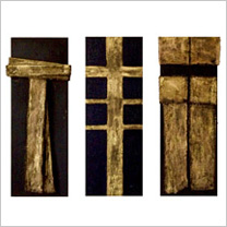 Karfreitag, Triptychon, Rupfen/Mischtechnik auf Holz, je 110x40 cm, 2015